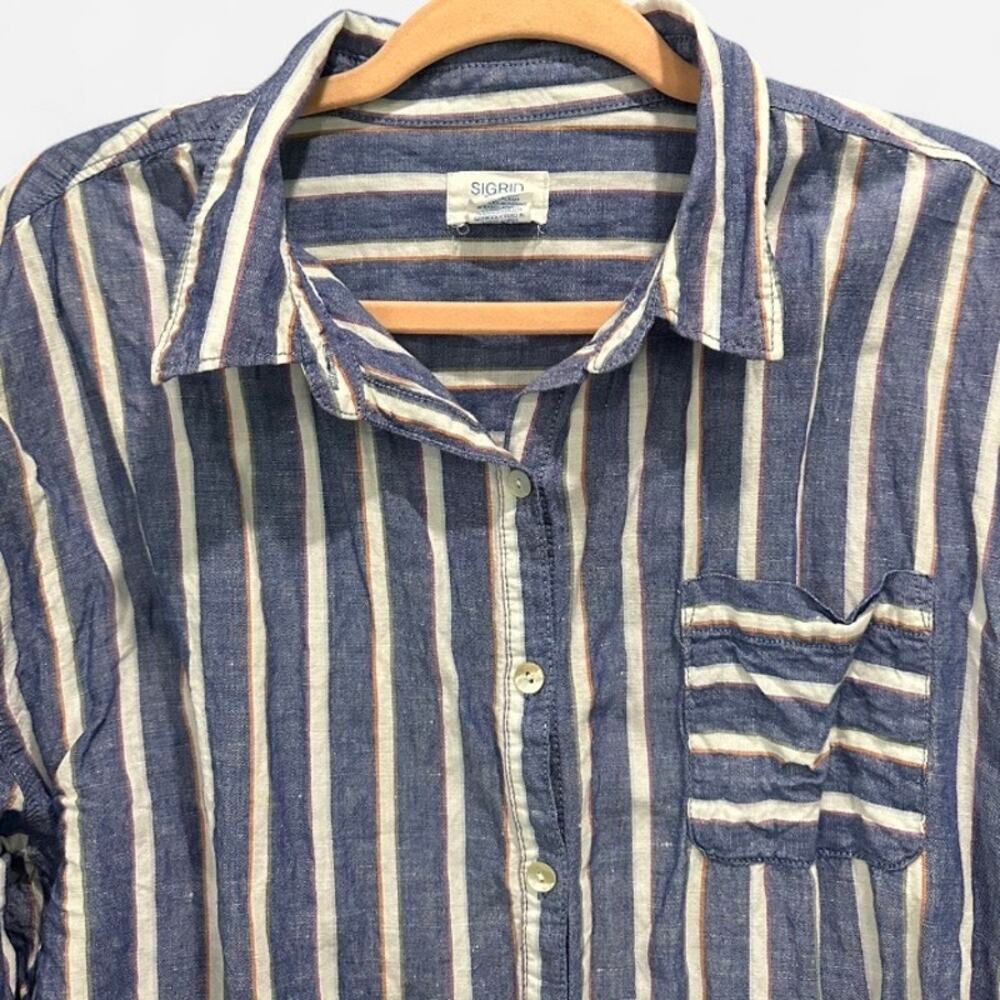 Sigrid Olsen Linen Cotton Stripe Shirt XL Oversized Cropped Coastal Boho - Picture 6 of 11